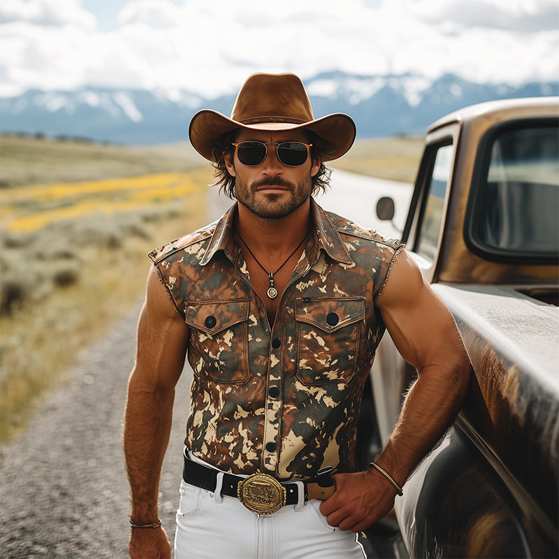 Men's Stylish Casual Western Tough Style Lapel Cotton Blend Camouflage Print Cuffs Raw Edge Slim Sleeveless Shirt MTA1264F4K