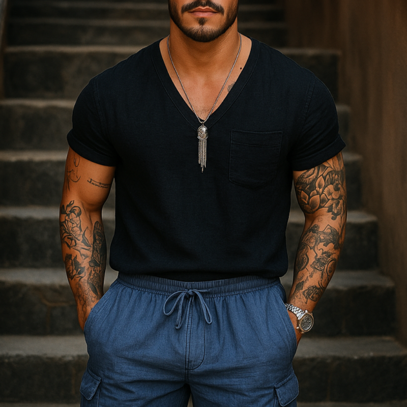 Men's Casual Breathable Cotton Linen V-neck Patch Pocket Loose Short-sleeved T-shirt MTA1588E0M