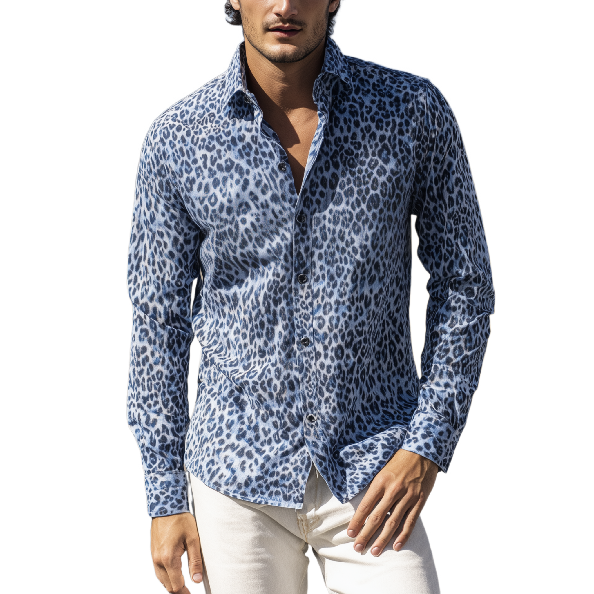 Men's Classic Casual Leopard Print Cotton Blend Slim Fit Long Sleeve Shirt MTA0766H5K