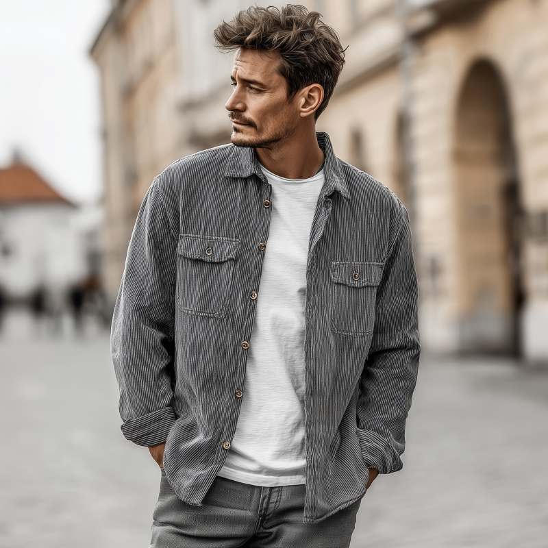 Men's Casual Breathable Striped Cotton Lapel Flap Pocket Loose Long Sleeve Shirt Jacket MTA1829G2M