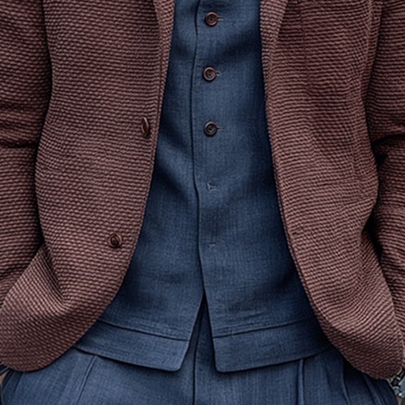 Men's Solid Color Textured Cotton Notch Lapel Single Breasted Blazer MTA0411I2Z