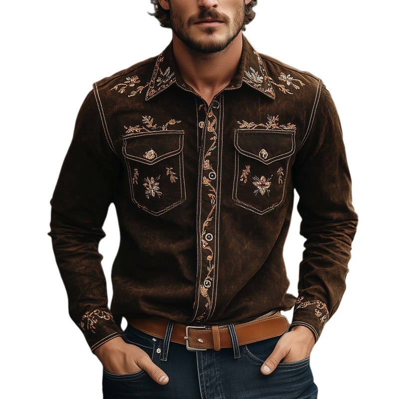 Men's Vintage Floral Embroidered Long Sleeve Lapel Shirt MTA2070H5X