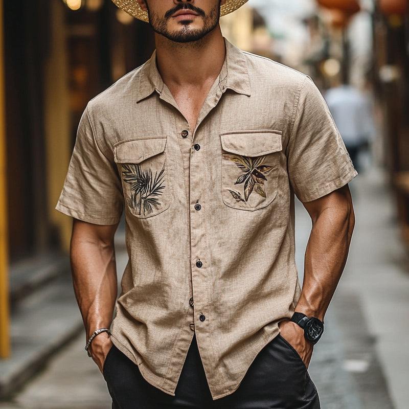 Men's Botanical Print Pocket Short Sleeve Shirt MTA2957D9X