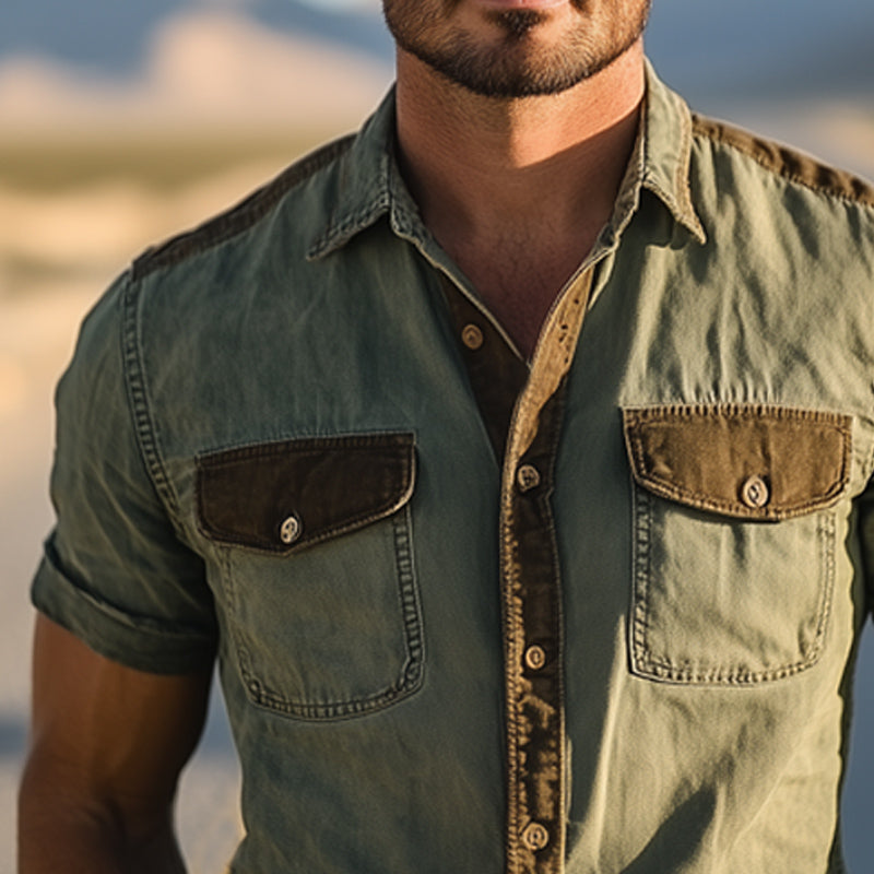 Men's Western Cowboy Style Colorblock Denim Short Sleeve Shirt MTA1389E2U