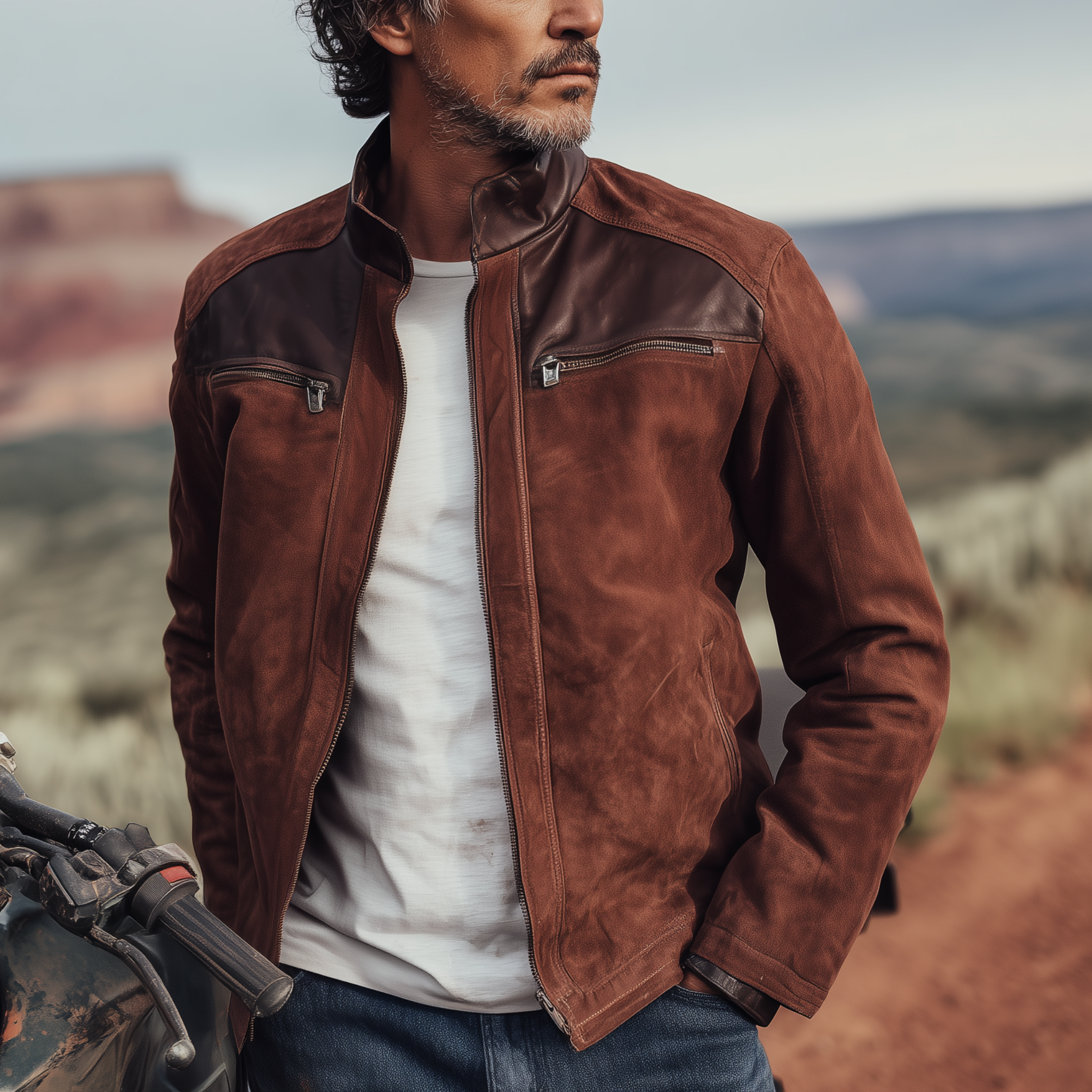 Men's Classic Western Retro Tough Style PU Leather Stand Collar Zipper Suede Jacket MTA0584I1K