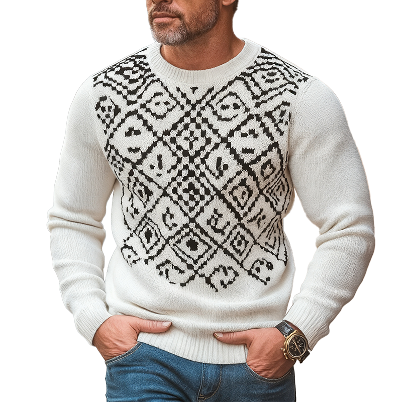 Men's Retro Simple Knitted Jacquard Cotton Yarn Crew Neck Sweater MTA3098J3P