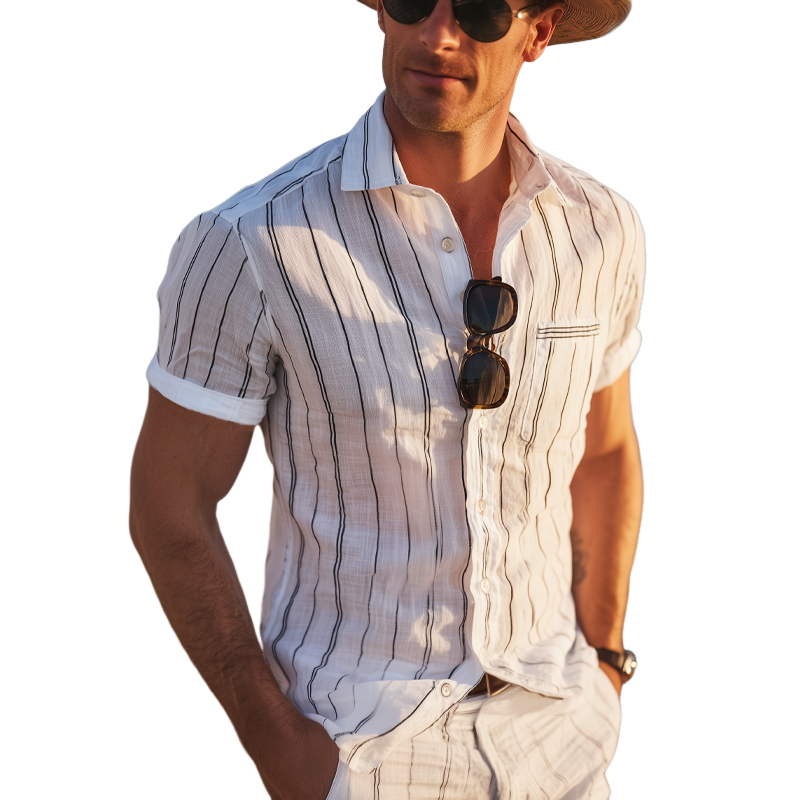 Men's Casual Vertical Striped Cotton Short Sleeve Shirt MTA0780G9U