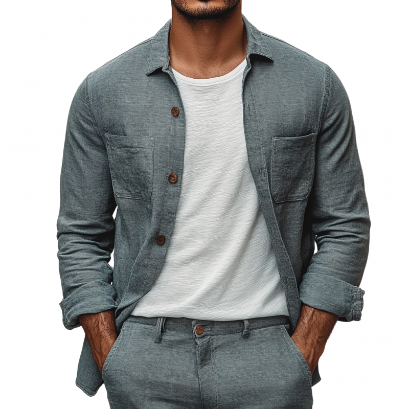 Men's Casual Breathable Linen Lapel Patch Pocket Loose Long Sleeve Shirt MTA0991E4M