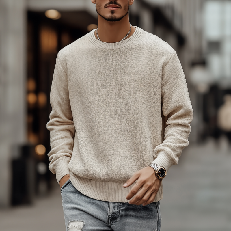 Men's Casual Breathable Solid Color Round Neck Loose Long Sleeve Knitted Sweater MTA3154G7M