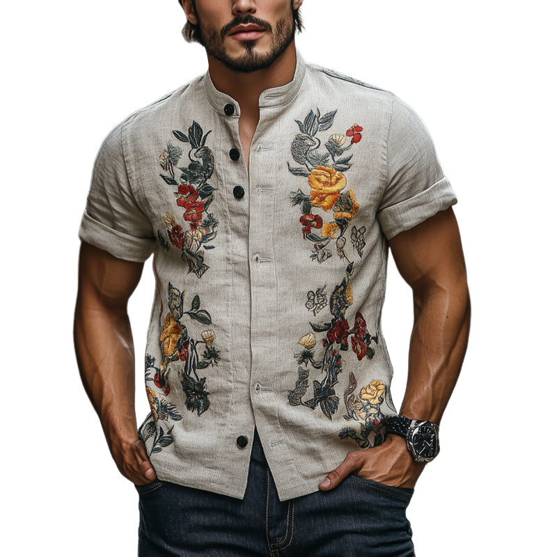 Men's Floral Embroidered Slim Fit Short Sleeve Stand Collar Shirt MTA2700E8X