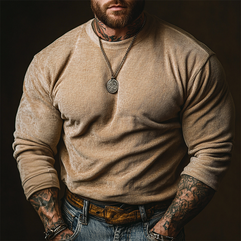 Men's Retro Solid Color Crew Neck Corduroy Long Sleeve Sweatshirt MTA3036J3X