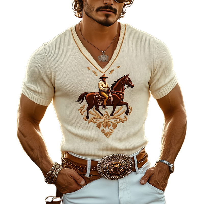 Men's Spring And Summer Fashion Casual Western Cowboy Style Thin V-neck Knitted Embroidered Short-sleeved T-shirt MTA1541E3K