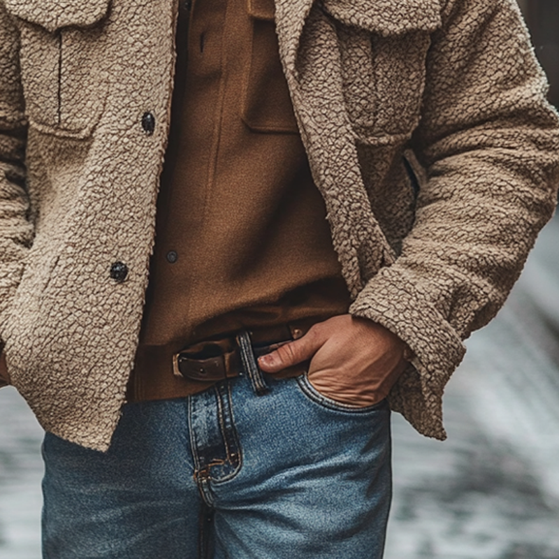 Men's Solid Color Polar Fleece Lapel Single-breasted Jacket MTA2257I9X