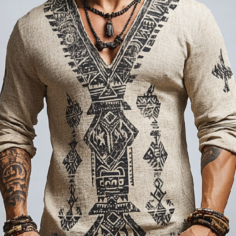 Men's Casual Street V-neck Cotton and Linen Printed Long-sleeved T-shirt 92555367F