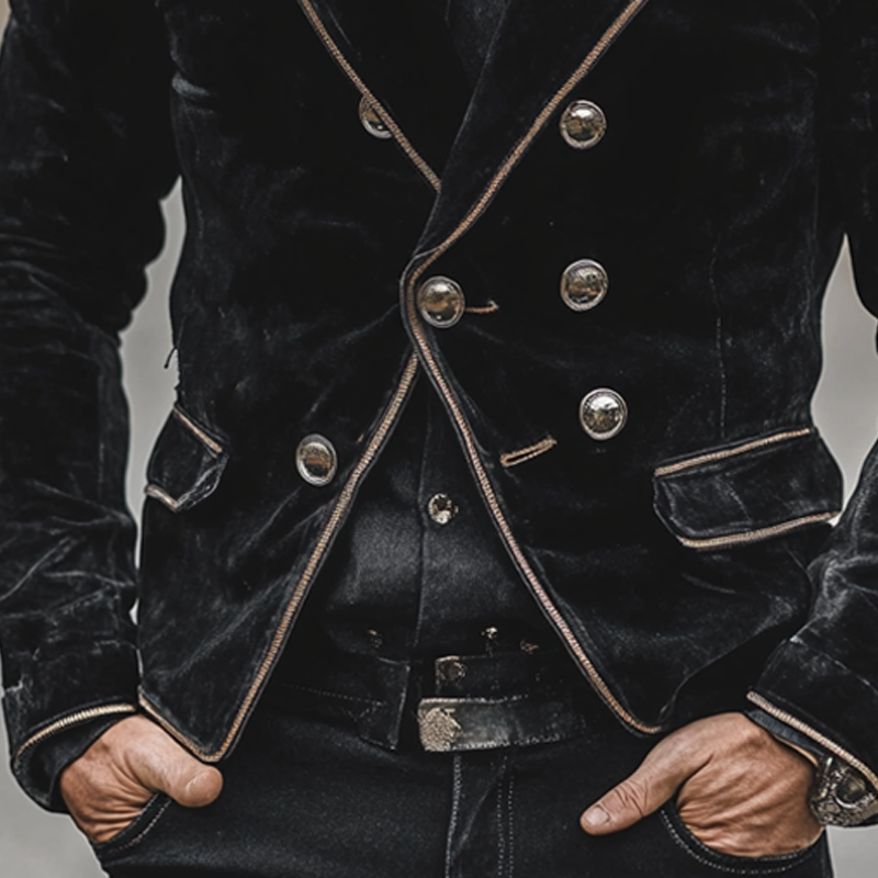 Men's Vintage Solid Velvet Contrast Trim Double Breasted Jacket MTA1861I7X