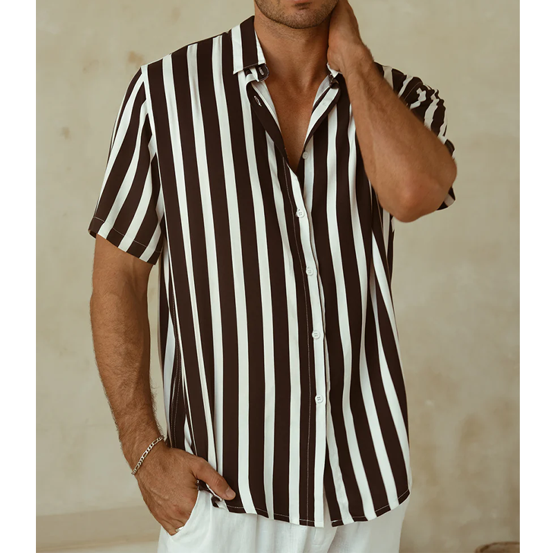 Men's Classic Casual Contrast Color Vertical Striped Cotton Blend Short Sleeve Shirt MTA1440G0K