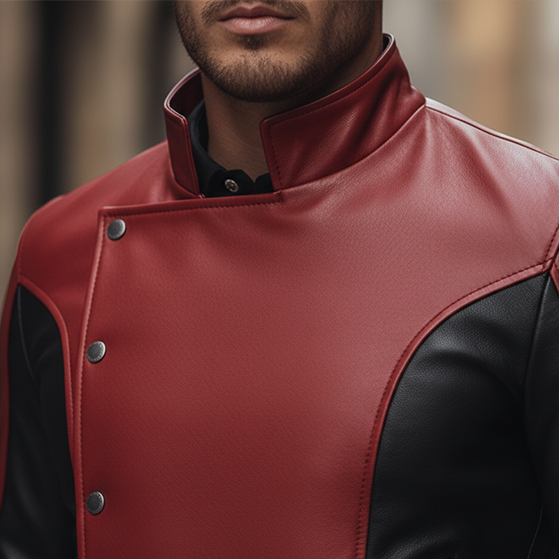 Men's Winter Retro Color Block PU Faux Leather Button Jacket MTA1045L2P