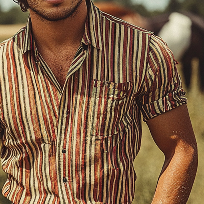 Men's Western Cowboy Striped Print Short Sleeve Shirt MTA1503E0X
