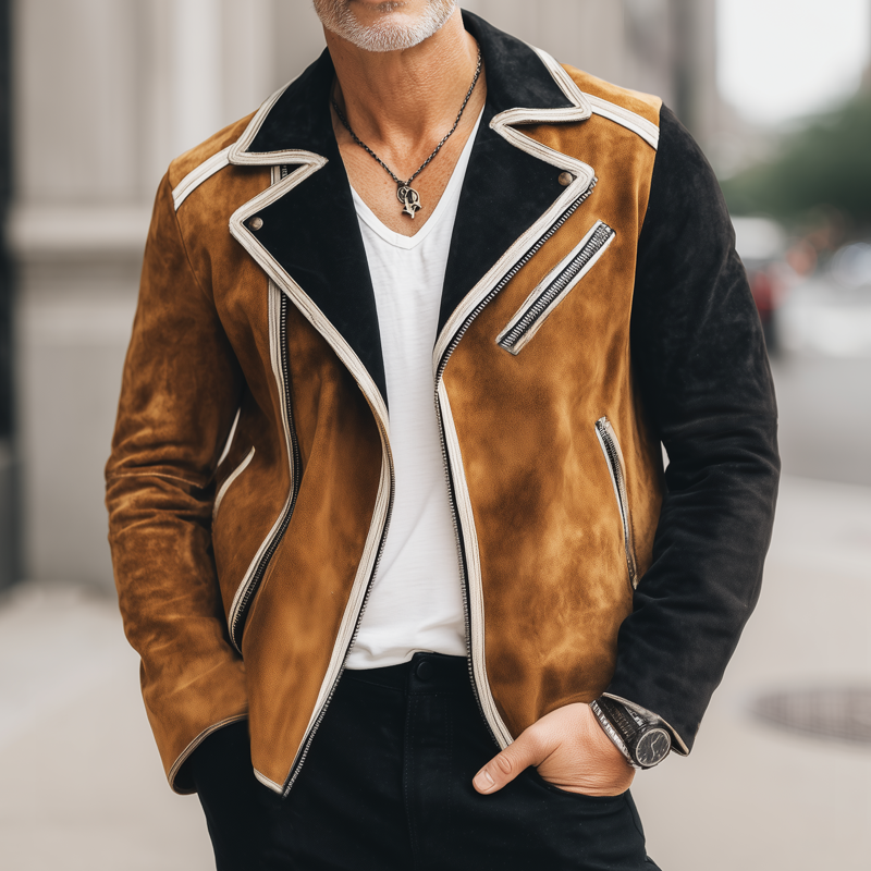Men's Vintage Colorblock Notched Lapel Zipper Suede Jacket MTA2512H9U