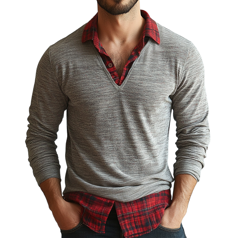 Men's Retro Casual Plaid Splicing Fake Two-piece Lapel Long Sleeve T-shirt 47098379TO