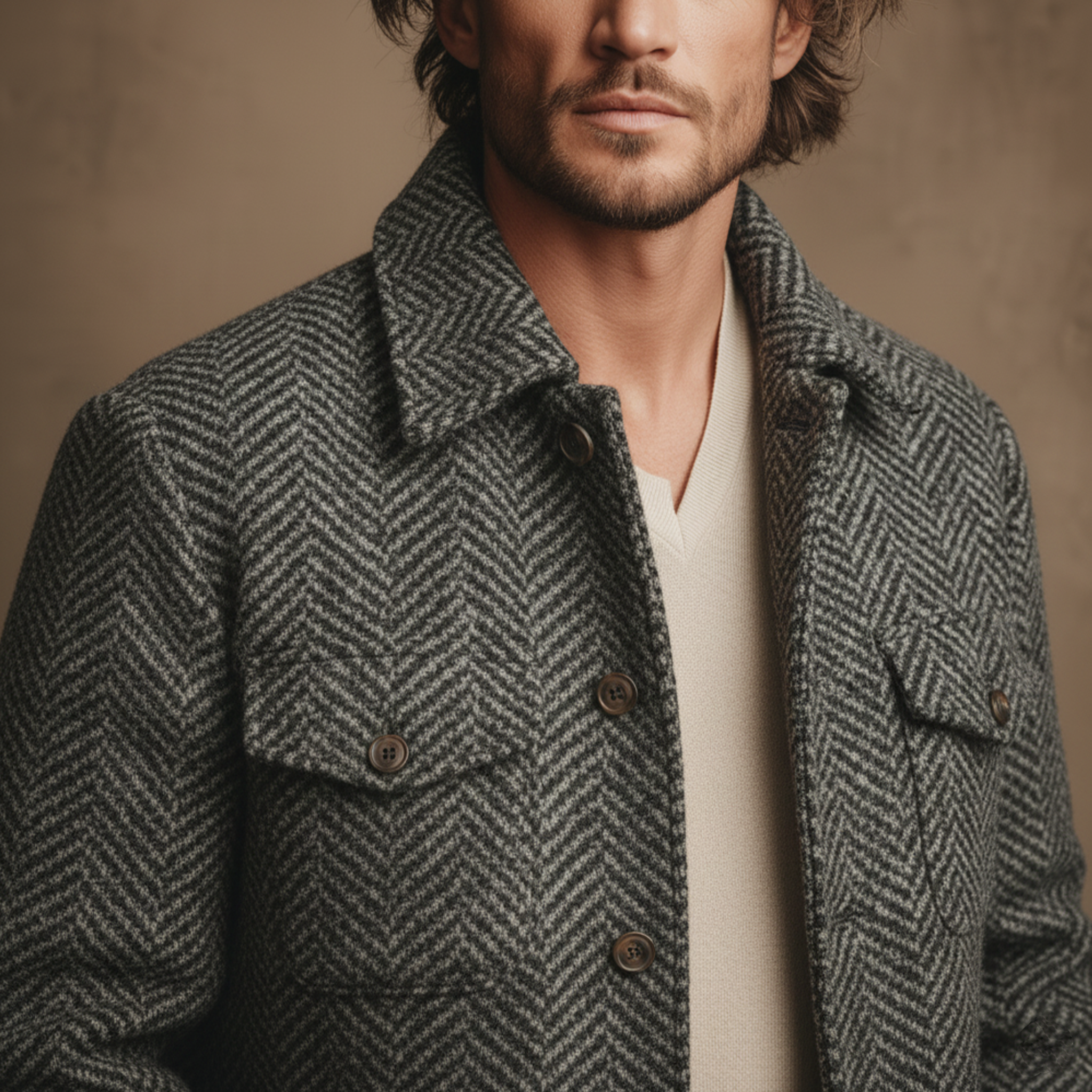 Men's Classic Light Business Faux Herringbone Pattern Wool Lapel Multi-pocket Jacket MTA1055J8K