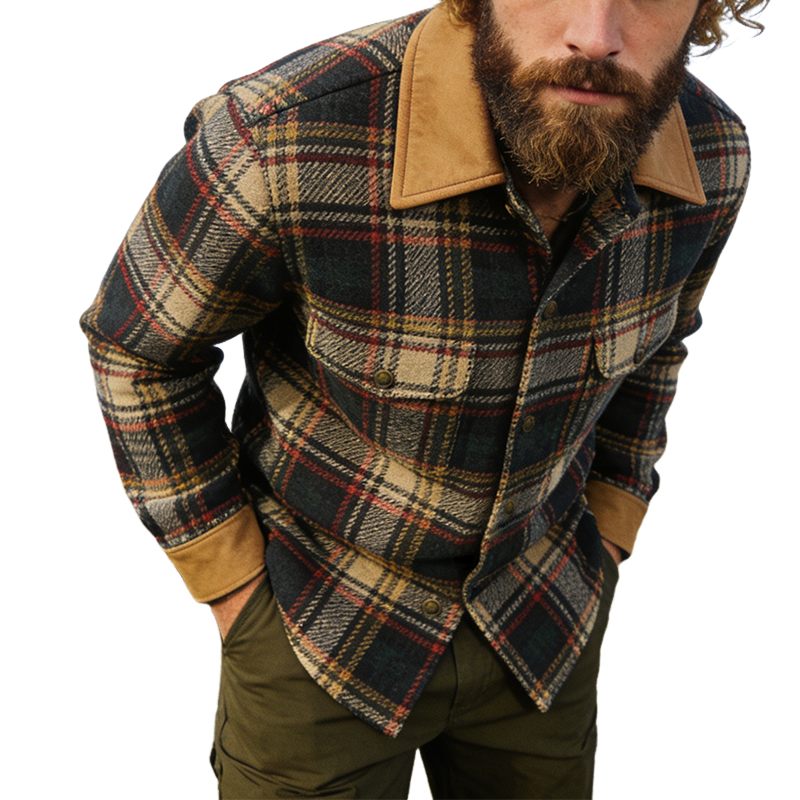 Men's Retro Casual Plaid Patchwork Lapel Button-Up Jacket MTA1238L1TO