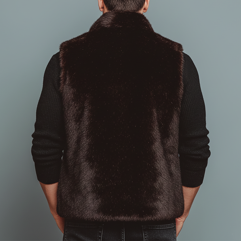 Men's Luxury Chocolate Stand Collar Velvet-Soft Faux Fur Vest MTA0763K7U