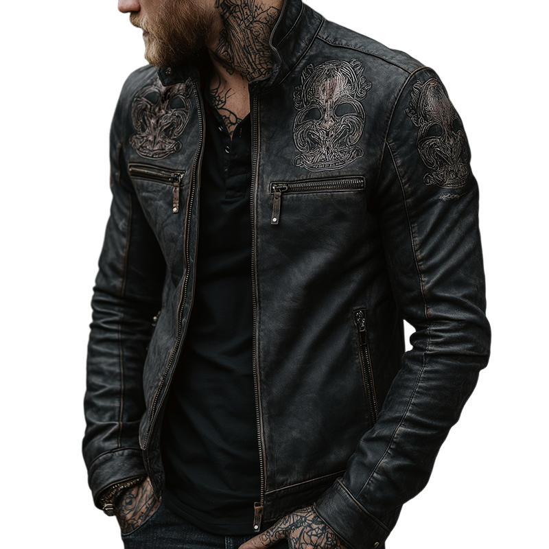 Men's Retro Casual Distressed Skull Print Stand Collar Zipper Leather Biker Jacket MTA2888H1TO