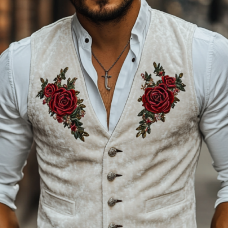 Men's Classic Casual American Retro Velvet Rose Embroidered Vest 97234017K