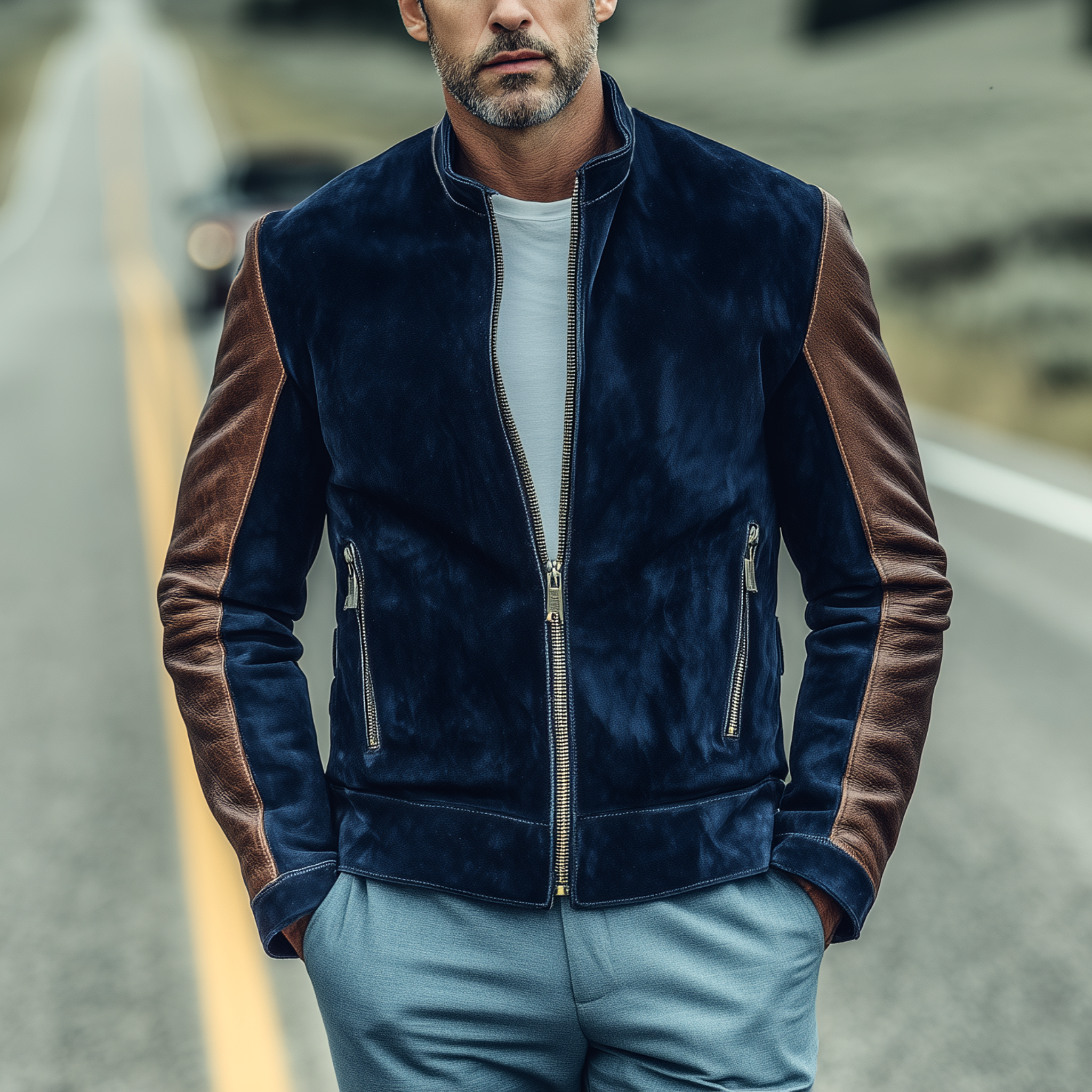Men's Classic Retro Stand-up Collar PU Leather Zipper Suede Jacket MTA0239I5K