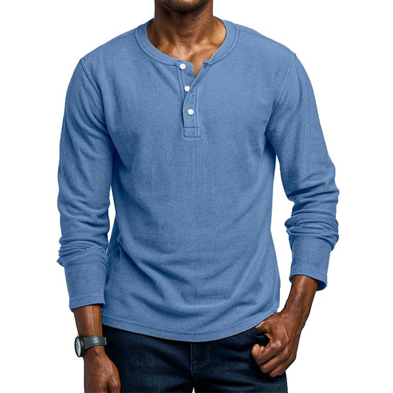 Men's Knitted Elastic Cotton And Linen Long-Sleeved Henley Shirt MTA3007G5P