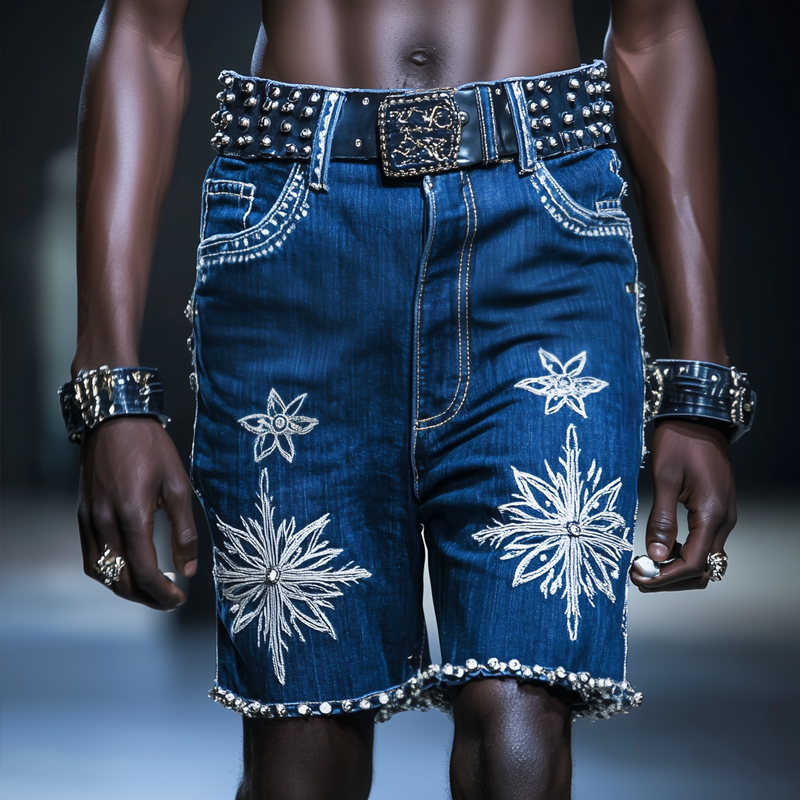 Men'S Fashion Embroidered Rhinestones Decor Straight Denim Shorts MTA0929E9Z