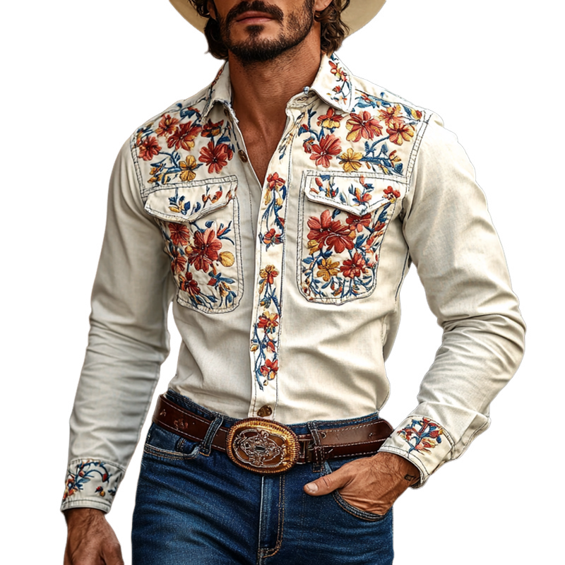 Vestlig cowboystil for menn, brodert jakkeslag, brystlomme, langermet bomullsskjorte 42207261Z