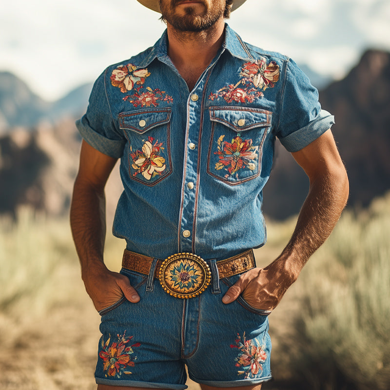 Men's Summer Retro Embroidered Denim Short Sleeve Shirt Shorts Set MTA2990D3U