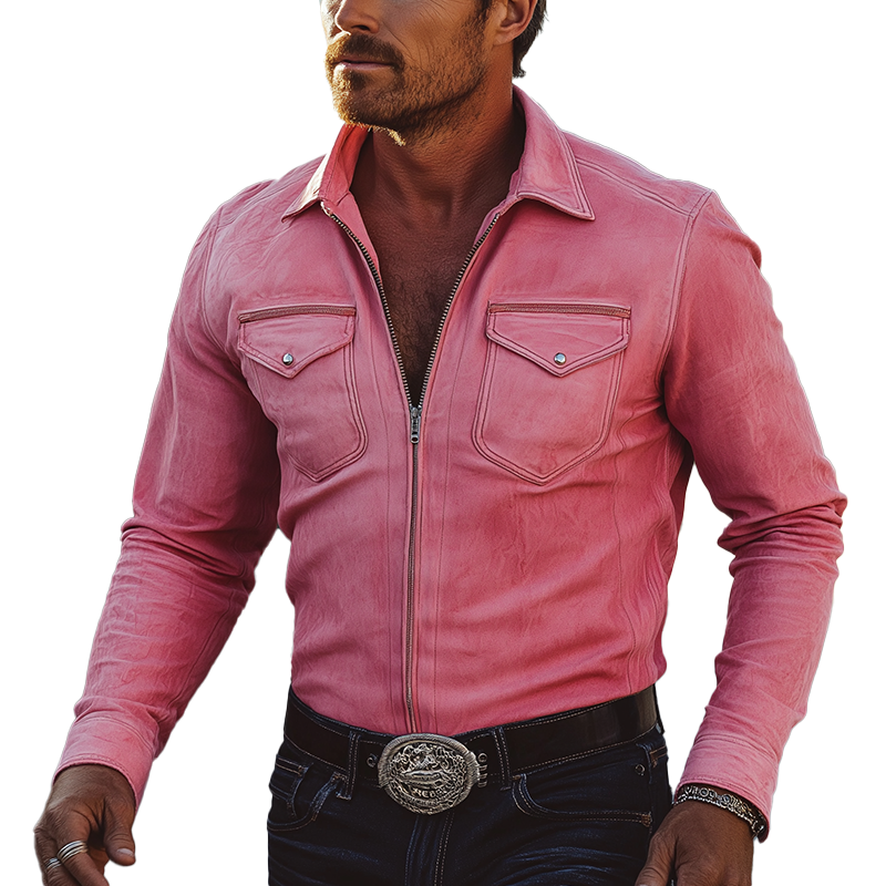 Men's Retro Minimalist Zippered Faux Suede Long-Sleeve Shirt MTA1147L3P