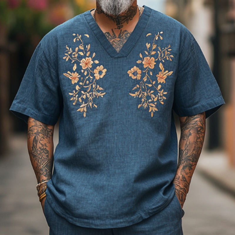 Men's Casual Vintage V-neck Cotton Blend Embroidered Short-sleeved T-shirt 09071413F