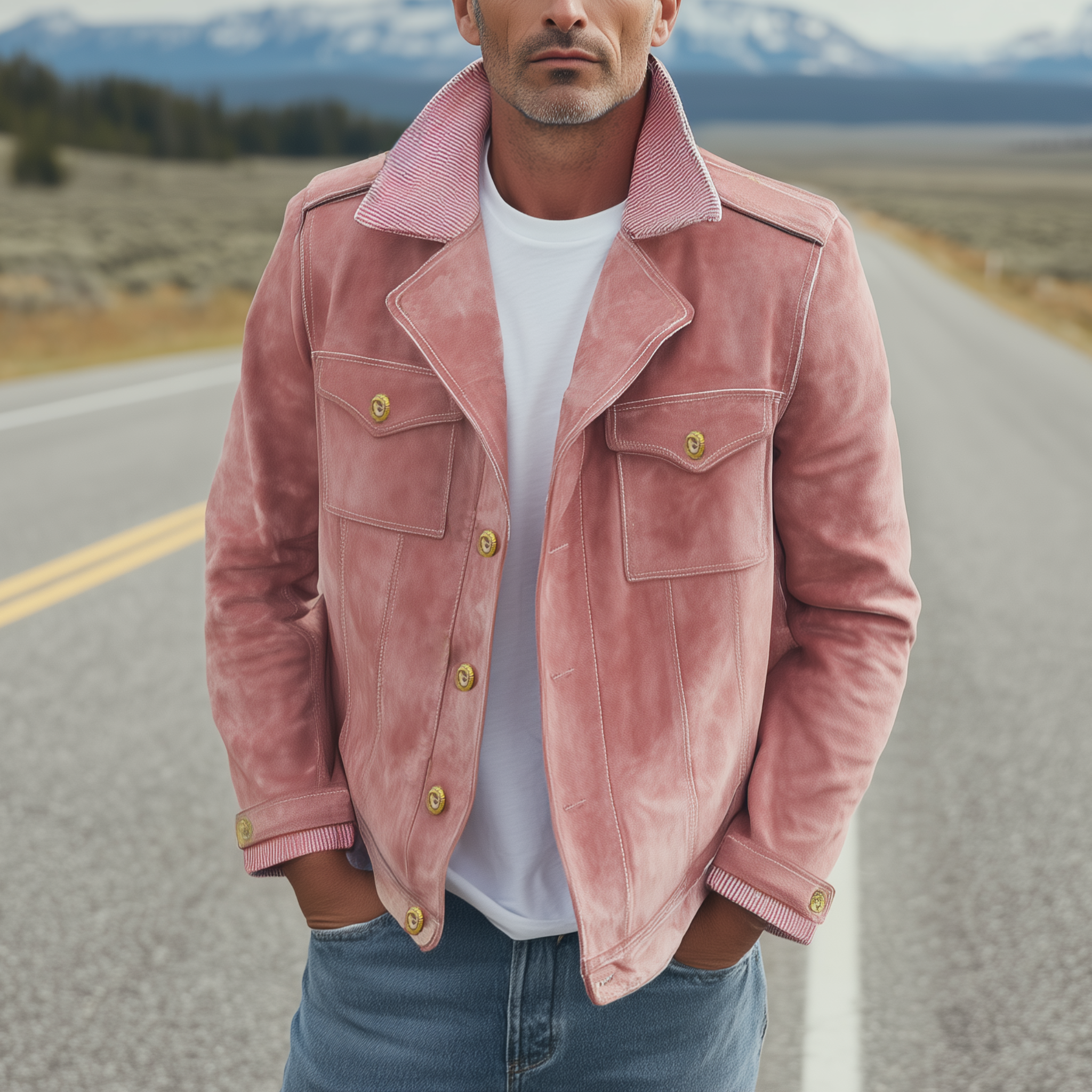 Men's Classic Vintage Collar And Cuffs With Corduroy Epaulettes In Pink Suede Motorcycle Jacket MTA2720H9K