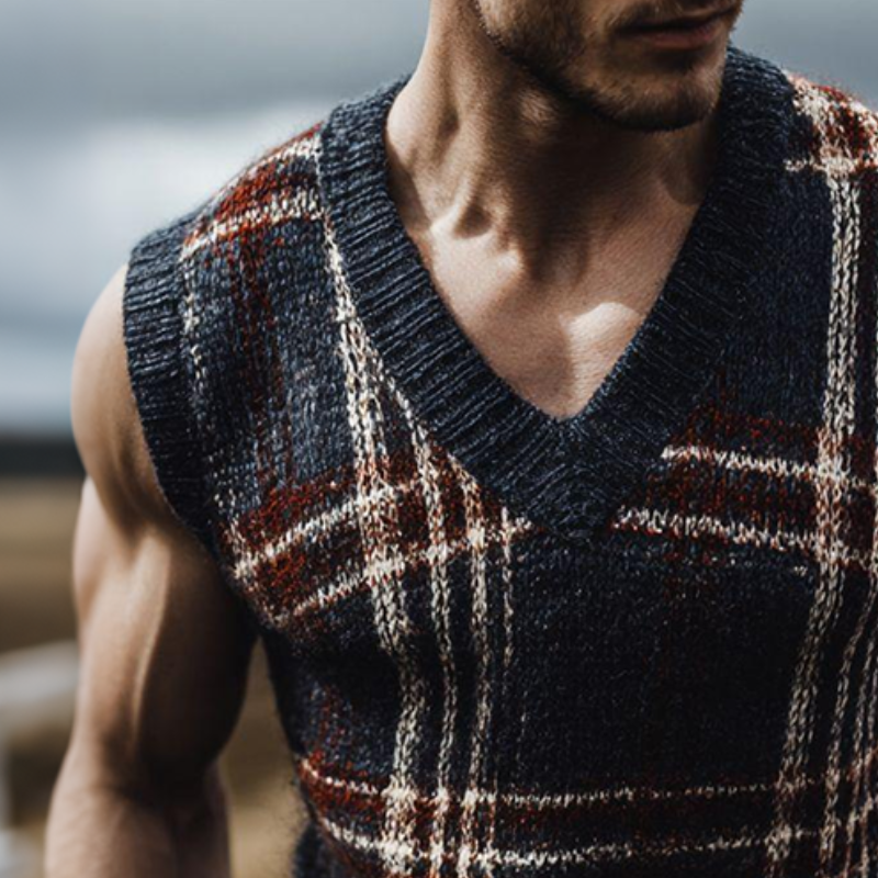 Men's Retro Casual Plaid Knit V-Neck Pullover Vest MTA1235K1TO