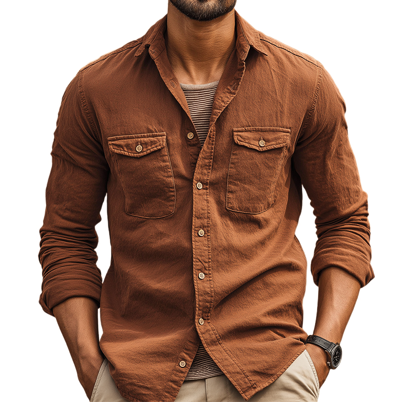 Men's Retro Casual Cotton Washed Collar Lapel Long Sleeve Shirt MTZ0598A7TO