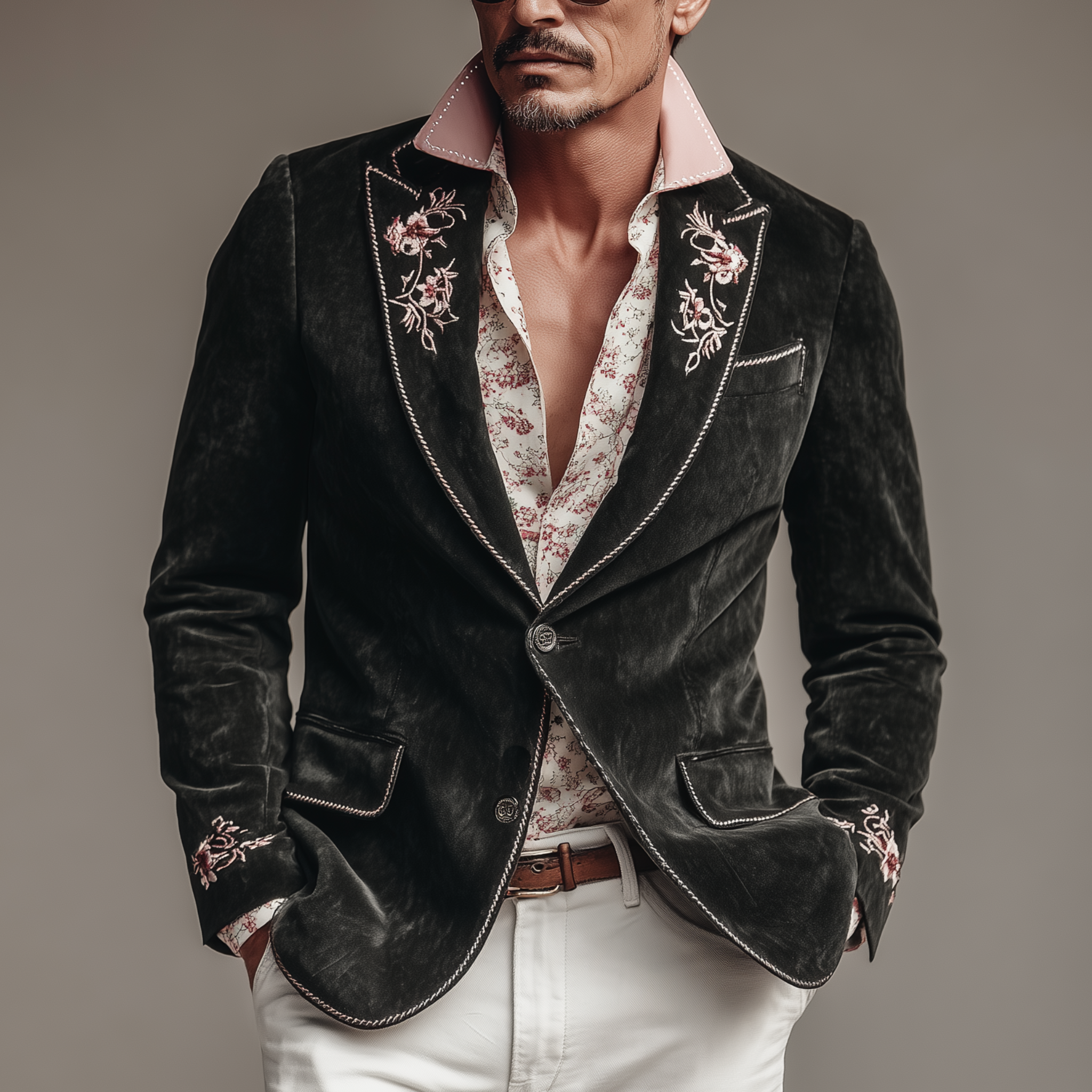 Men's Classic Vintage Suede Embroidered Single-breasted Sleeve Slim-fit Blazer MTA1267H0K