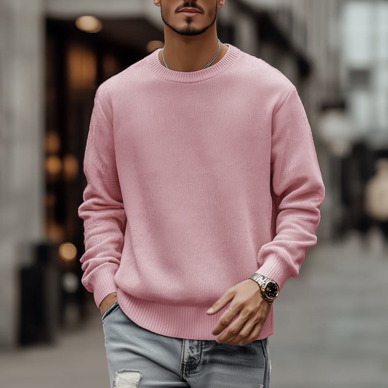 Men's Casual Breathable Solid Color Round Neck Loose Long Sleeve Knitted Sweater MTA3154G7M