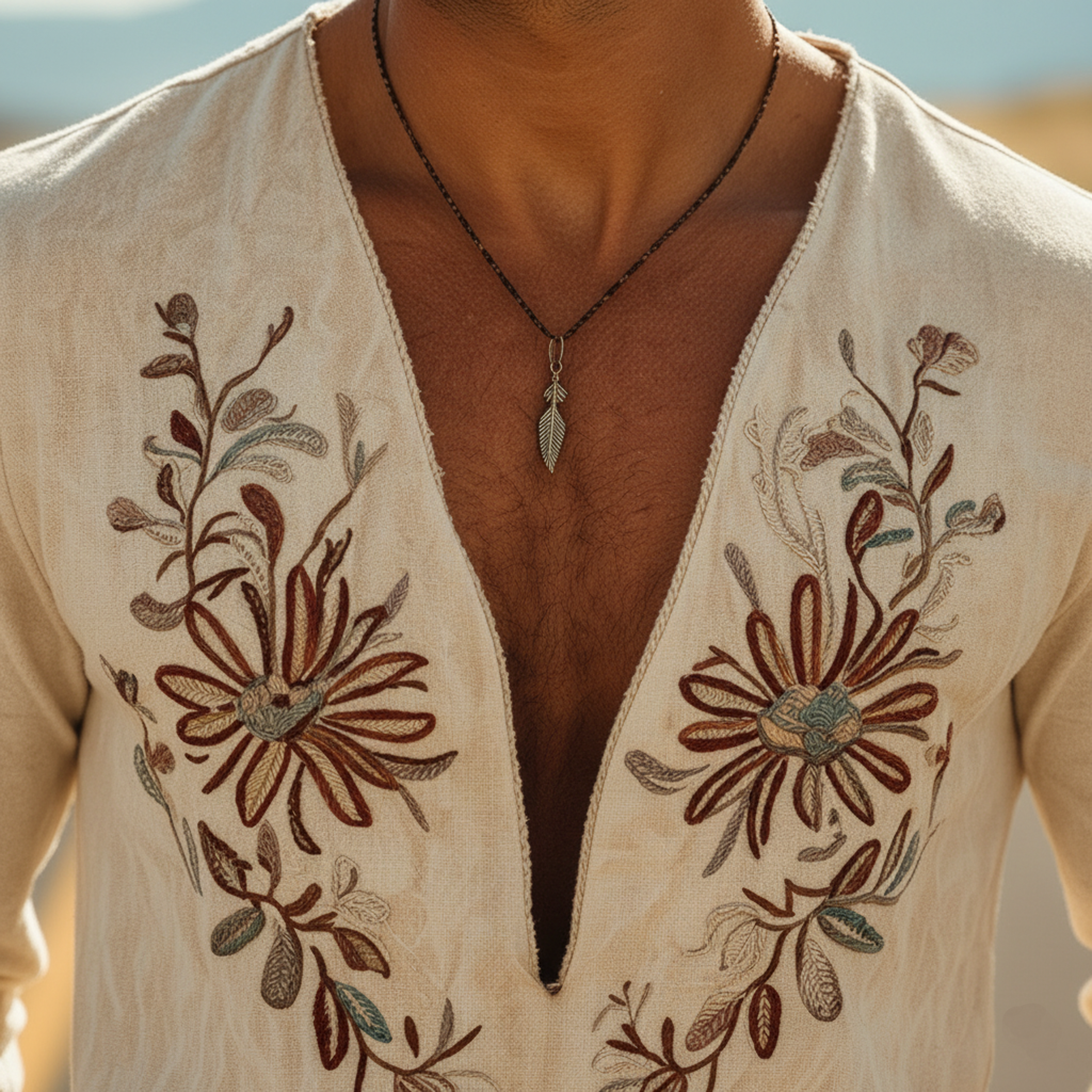 Men's Classic Casual Deep V-neck Faux Suede Embroidered Long-sleeved T-shirt MTZ0957A2K