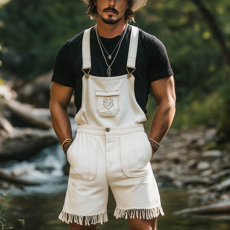 Men's Summer Retro Embroidered Tassel Overalls MTA1199F2U