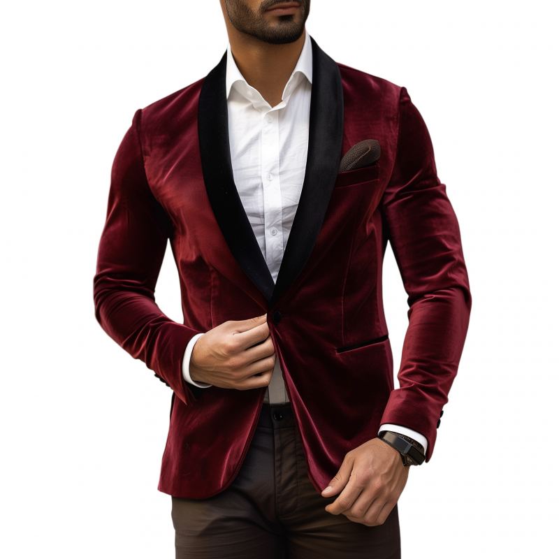 Men's Vintage Solid Color Velvet Colorblock Patchwork Shawl Collar Single-breasted Slim-fit Blazer MTA1284H5M