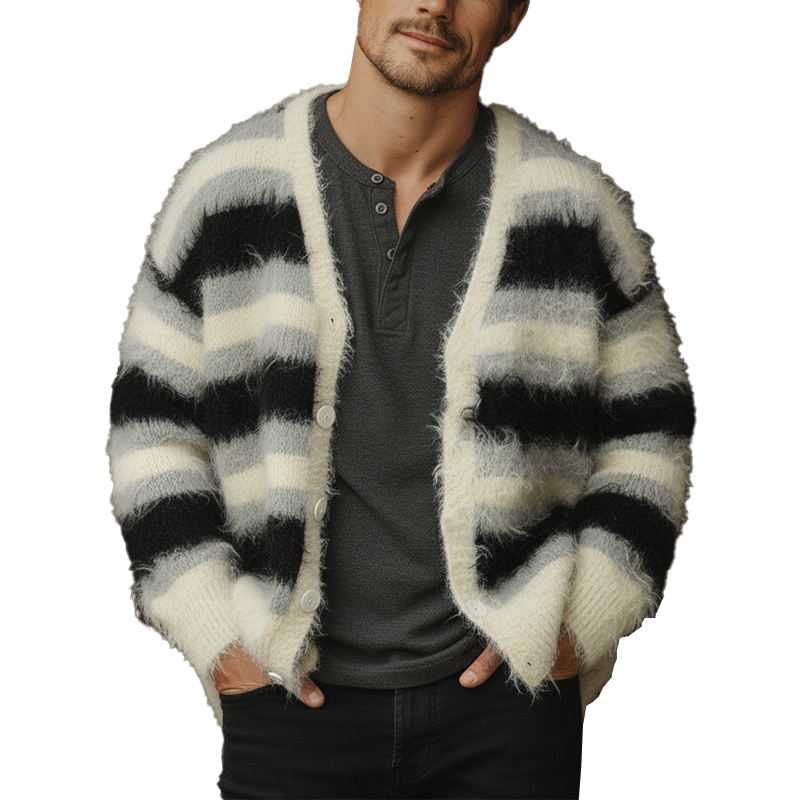 Men's Fashion Mohair Cotton Blended Striped Cardigan Sweater MTA1098J0P