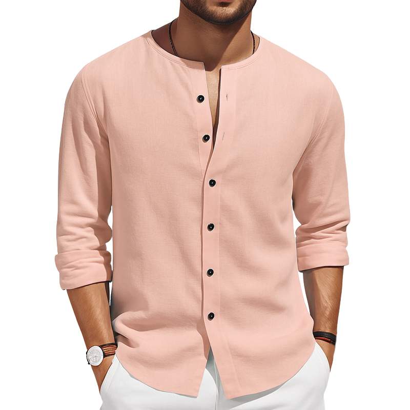 Men's Basic Solid Color Round Neck Cotton And Linen Long-sleeved Shirt MTA0455H6U