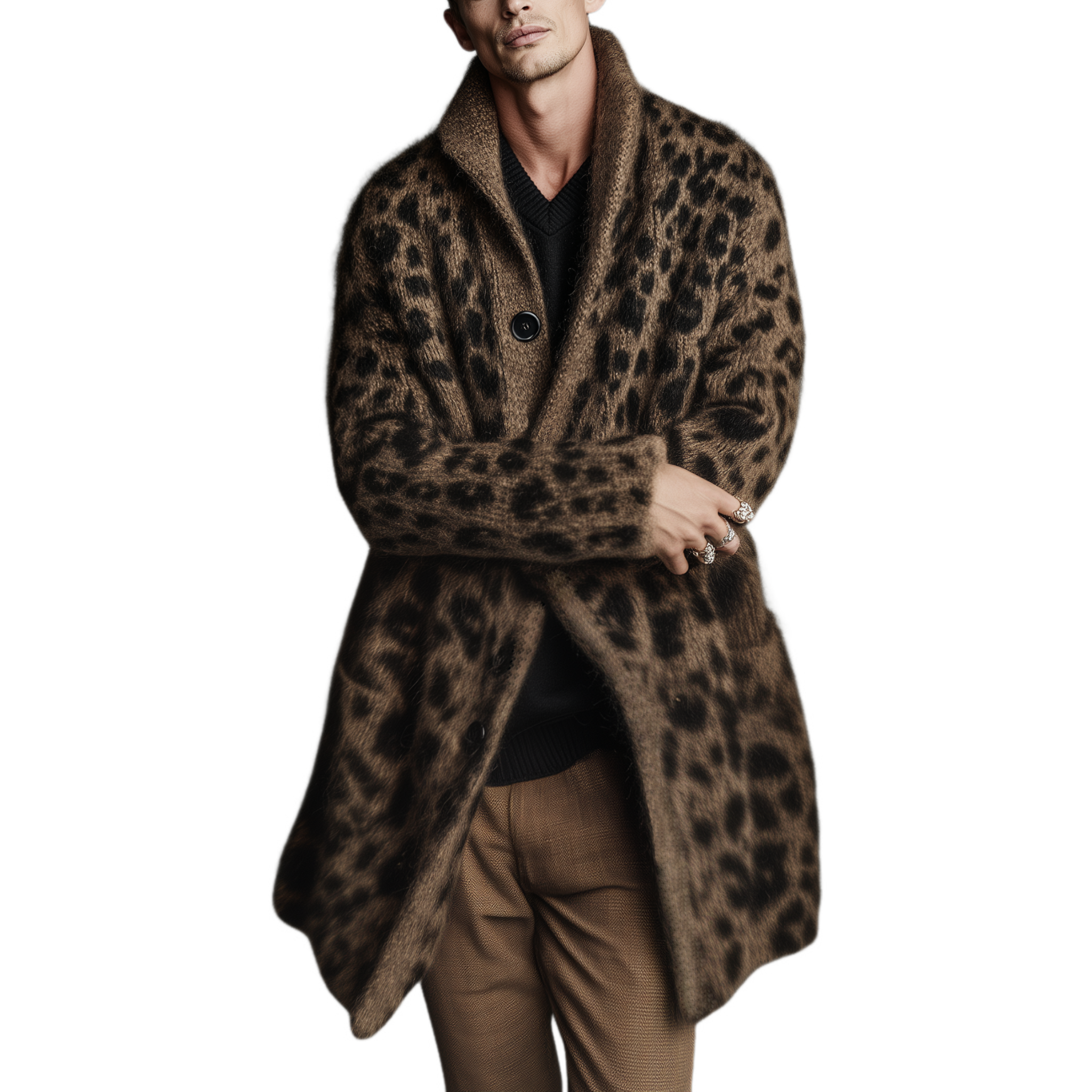 Men's Classic Casual Stand-up Collar Leopard Print Thigh-length Knitted Cardigan MTA1697J6K