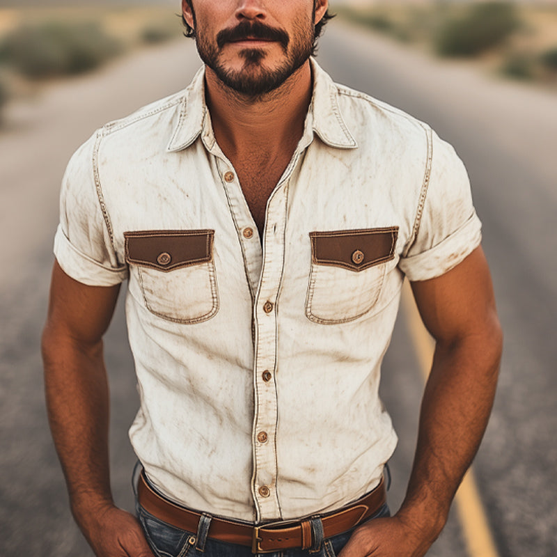 Men's Western Cowboy Style Retro Color Block Short Sleeve Shirt MTA1342E0U