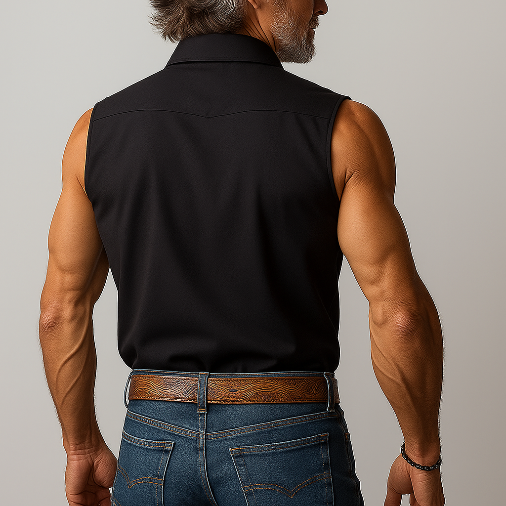 Men's Summer Western Cowboy Style Butterfly Embroidery Patchwork Sleeveless Shirt MTA1493E1P