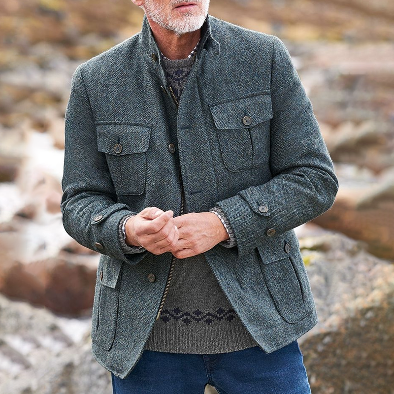 Men's Herringbone Stand Collar Multi-Pocket Single-Breasted Zipper Jacket MTA1604I2Z